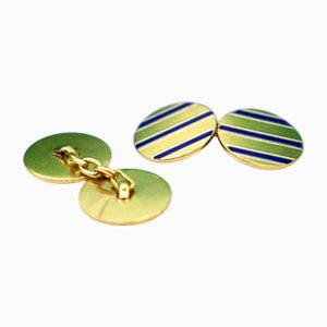 Goldene Manschettenknöpfe in Knopfform mit drei blau emaillierten Streifen, 2 . Set