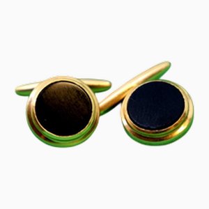 Manschettenknöpfe aus Gelbgold mit rundem Onyx und umlaufenden Streifen, 2 . Set