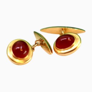 Yellow Gold Cufflinks with Garnet-Colored Oval Cabochons, Set of 2