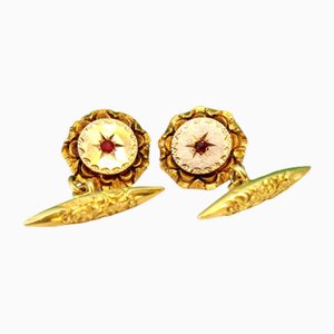 Gold Cufflinks with Reliefs and Red Stone, Set of 2