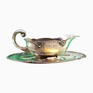 Silver Sauce Boat and Plate with Engravings