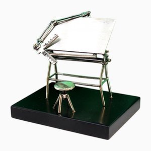 Professional Silver Drawing Table with Bench and Wooden Base