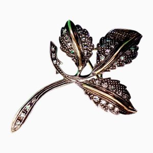 Blumen-Brosche aus Gold und Silber mit Diamant-Chips