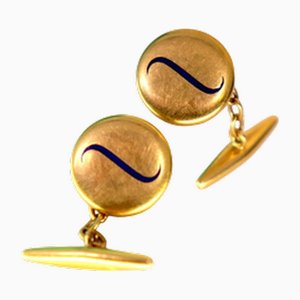 Goldene Manschettenknöpfe in Knopfform mit Eingearbeiteten Blauen Motiven, 2 . Set