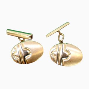 Oval Gold Cufflinks with Reliefs and Bands on the Crossbars, Set of 2