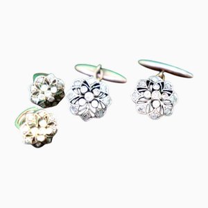 Gold and Silver Cufflinks with Diamond Chips, Set of 2