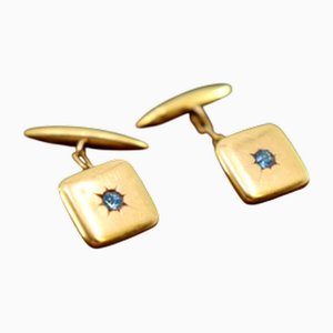 Quadratische und konkave Manschettenknöpfe aus Gold mit blauem Zirkonia, 2 . Set