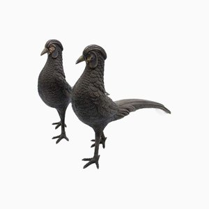 Chiseled Silver Pheasants with Long Tails, Set of 2