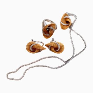 Two-Tone Gold Earrings and Necklace and Ring with Brilliant-Cut Diamonds, Set of 4
