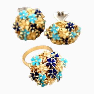 Gold Ring and Earrings with Enamel and Blue-Toned Applications, Set of 3