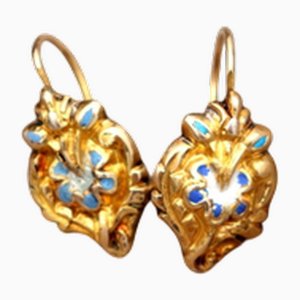 Gold Earrings with Reliefs and Enamel, Set of 2