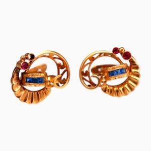Gold Earrings with Art Deco Style Windings and Synthetic Stones, Set of 2