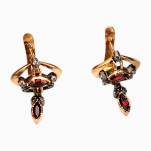 Gold Earrings with Diamond Chips and Garnets Inlaid, Set of 2