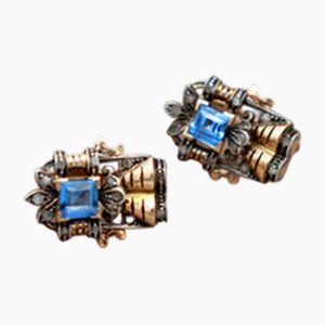 Gold and Silver Earrings with Cut Diamonds and Synthetic Blue Stones, Set of 2