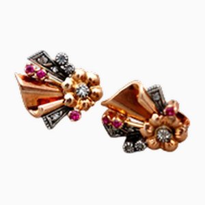 Gold Earrings with Diamond Flakes and Garnet Stones and Silver Applications, Set of 2