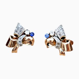 Flower-Shaped Gold Earrings with Diamond Chips and Two Synthetic Garnet Stones, Set of 2