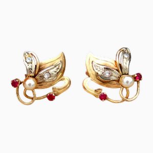 Flower-Shaped Gold Earrings with Diamond Chips, Set of 2