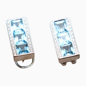 18 Karat Gold Earrings with Diamonds and Blue Topazes, Set of 2