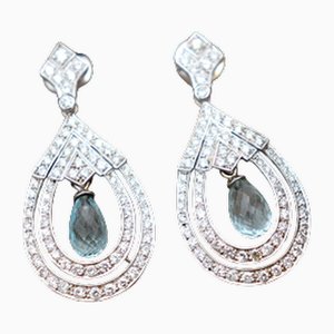 Drop-Shaped 18 Karat Gold Earrings with Brilliant-Cut Diamonds and Aquamarines, Set of 2