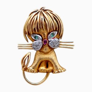 Löwenförmige Goldbrosche mit Diamantsplittern