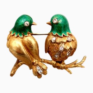 Doves Shaped Gold Brooch with Diamonds