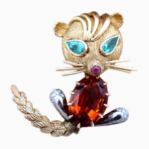 Cat Shaped Gold Brooch with Diamond and Emerald Chips