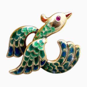 Enameled Bird Shaped Gold Brooch