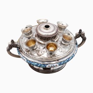 Likörflasche aus Silber & Porzellan mit Gläsern, 7 . Set