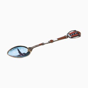 Souvenir Spoon in Enamelled Silver with Montelbanstoren in Amsterdam Motif