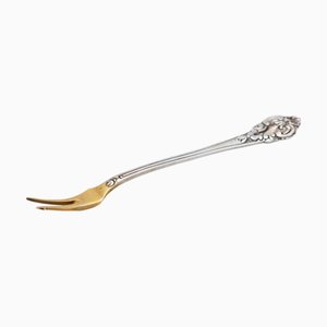 Silver Pickle Serving Fork with Gold Tips and Embossed Handle