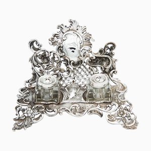 Embossed Silver Inkwell with Cutouts and Small Glass Tanks, Set of 3
