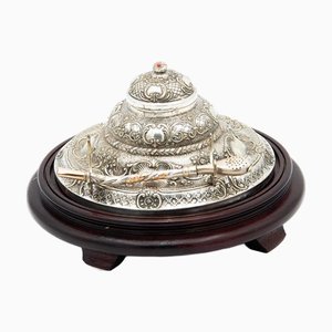 Calamaio circolare in argento e legno