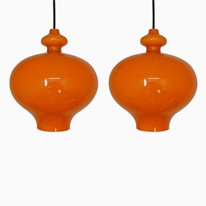 Orangefarbene Glas Hängelampen von Hans Agne Jakobsson, 1960er, 2er Set