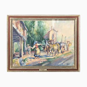 Jose Dias Sanches, Oxen Team with Figures, Watercolor on Paper