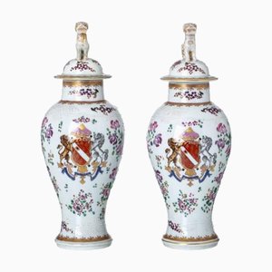 French Porcelain Emblem Pots, Set of 2