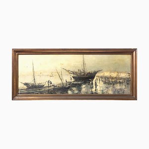 Anthony Lino, Landscape with Boats, Oil on Canvas, Framed