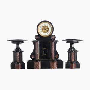 Kerzenhalter und Tischuhr aus schwarzem und rotem Marmor, 3 . Set