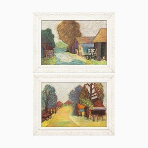 Escuela de artista europea, paisajes, pastel sobre papel, Juego de 2