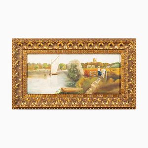View of Castle and Figures, Oil on Canvas, Framed