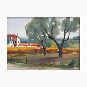 Jose Videira, Landschaft mit Häusern, Öl auf Holz