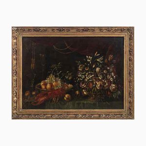 European School, Still Life with Flowers, Fruits and Lobster, Oil on Canvas, Framed