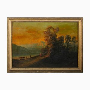 Ercole Calvi, Flusslandschaft mit Figuren, Öl auf Leinwand
