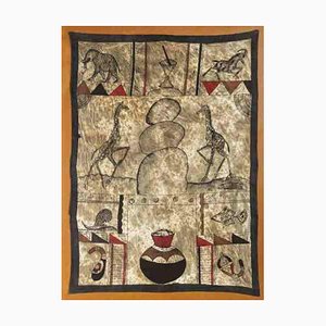 Simbabwe Künstler, Batik Kunstwerk, Malerei auf Stoff auf Holz geklebt