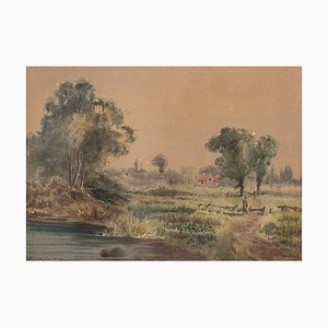 Europäischer Künstler, Landschaft mit Figur, Aquarell