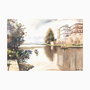 Real Bordalo, Landscape with Buildings by the River, Watercolour on Paper