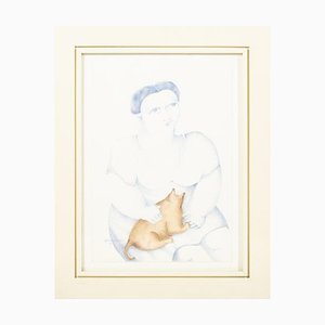 Maria Mendes, Female Figure with Cat, Mixed Media on Paper
