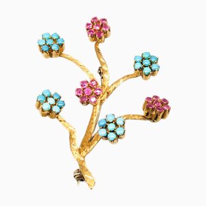 18 Karat Gold Brooch with Pink and Turquoise Stones