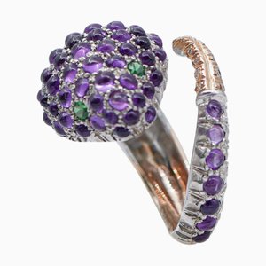 Schlangenring aus Roségold und Silber mit Amethysten und grünen Steinen