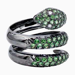 18 Karat Black Gold Snake Ring with Tsavorite and Diamonds