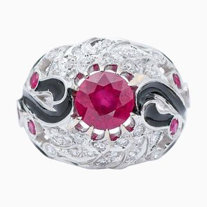 18 Karat White Gold Ring with Rubies and Enamel